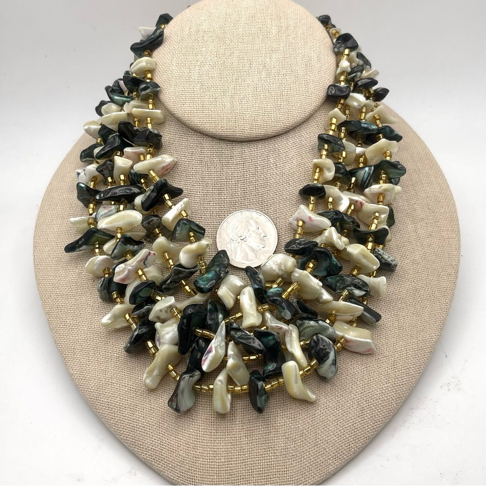 Incredible Vintage Mother of Pearl and Abalone Multi Strand Bib Necklace - Picture 9 of 11